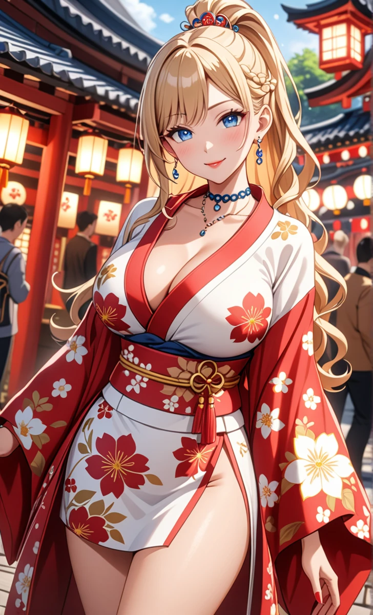 ((one girl)), Cute face, game cg, (Laugh shyly), ((laugh:1.3)), ((Wink:1.8)), (Laugh with your mouth wide open),(Tilt your head:1.3), ((Doing sexy poses:1.3)), View your viewers, ((Bright red cheeks:1.6)),Glossy Red Lips, ((Big Breasts:1.4)) night, Shrine festival stalls, (Brighten your face), ((Anime style background)),masterpiece, Highest quality, so beautiful,Latest, Complex details, (Pink long nails), (nail art), (ring),(bracelet), (helix piercing:1.7), (Floral Choker),AI-generated, Complex,High resolution, Highest quality, super high quality,3D Images、3D Images,One person,Blonde long hair,(High Ponytail), (Wavy Hair), Anime woman posing for a photo, ((Fine grain、blue eyes、Shining Eyes:1.4)), (Squint your eyes:1.1),a hyperRealistic , hyperRealistic , Realistic,Long blonde anime woman, Smooth anime CG art, Pink large floral patternの刺繍が入った、A girl in a gorgeous kimono, ((White long-sleeved kimono)),(Pink large floral pattern) ,Long flower hair ornament,Floral Earrings,Mature Body, expensive,Abdominal muscles,Tight waist,((full body:1.2)),“(dutch angle:1.3), (front view),