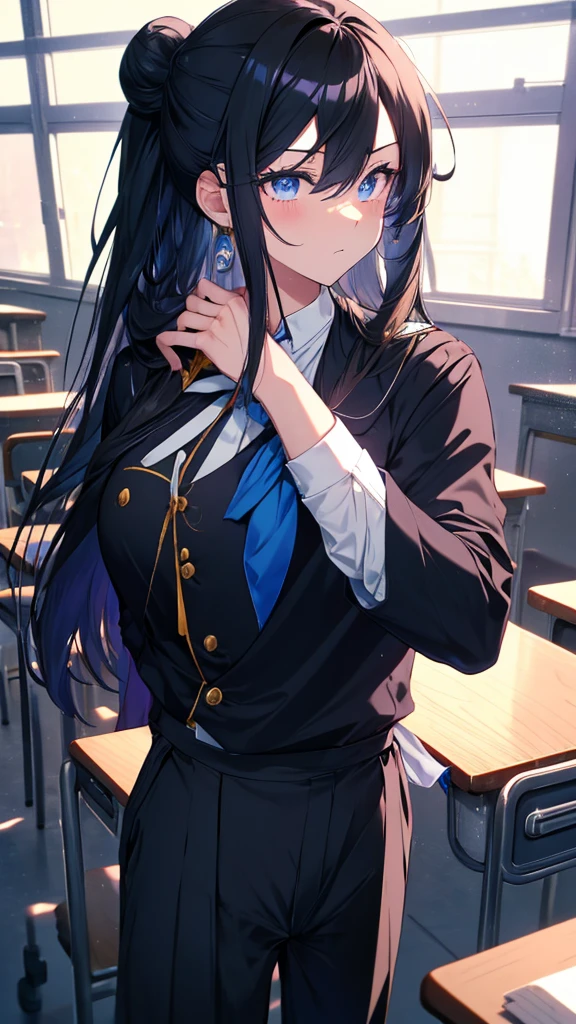 best quality, extremely detailed, anime style adult 1girl, long hair down to the waist, straight hair, ((dark black hair with bluish)),under bun,beautiful detailed eyes, pinched eyes, dark blue eyes, huge breasts,curvy,((((boys' school uniform)))),blazer,((((trousers)))),Clothes with a lot of cloth area,masculine attire,((handsome)),((classroom with light coming in))