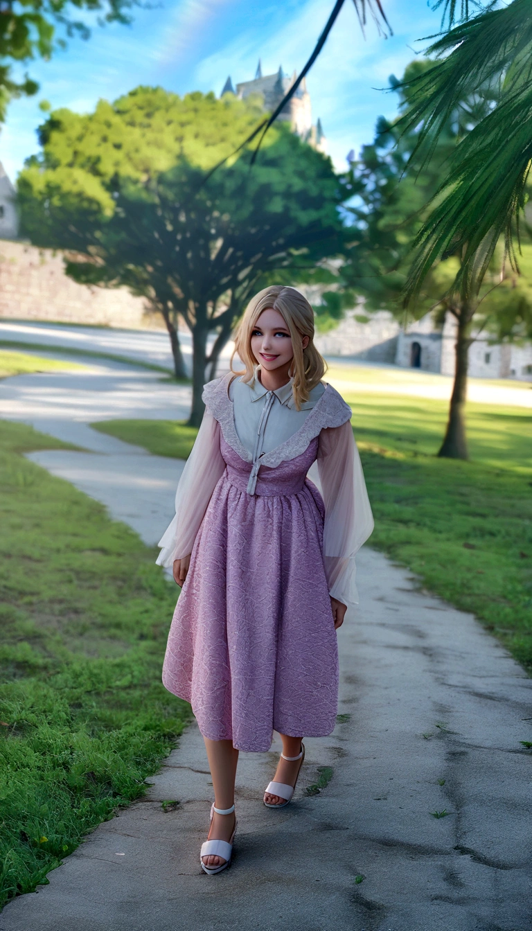 Master professional photography, Happy smiling beautiful woman in pink dress,blondie hair, black eyes too, looking straight ahead, extreme textures and details, full body portrait shot, background of a forest with castle,