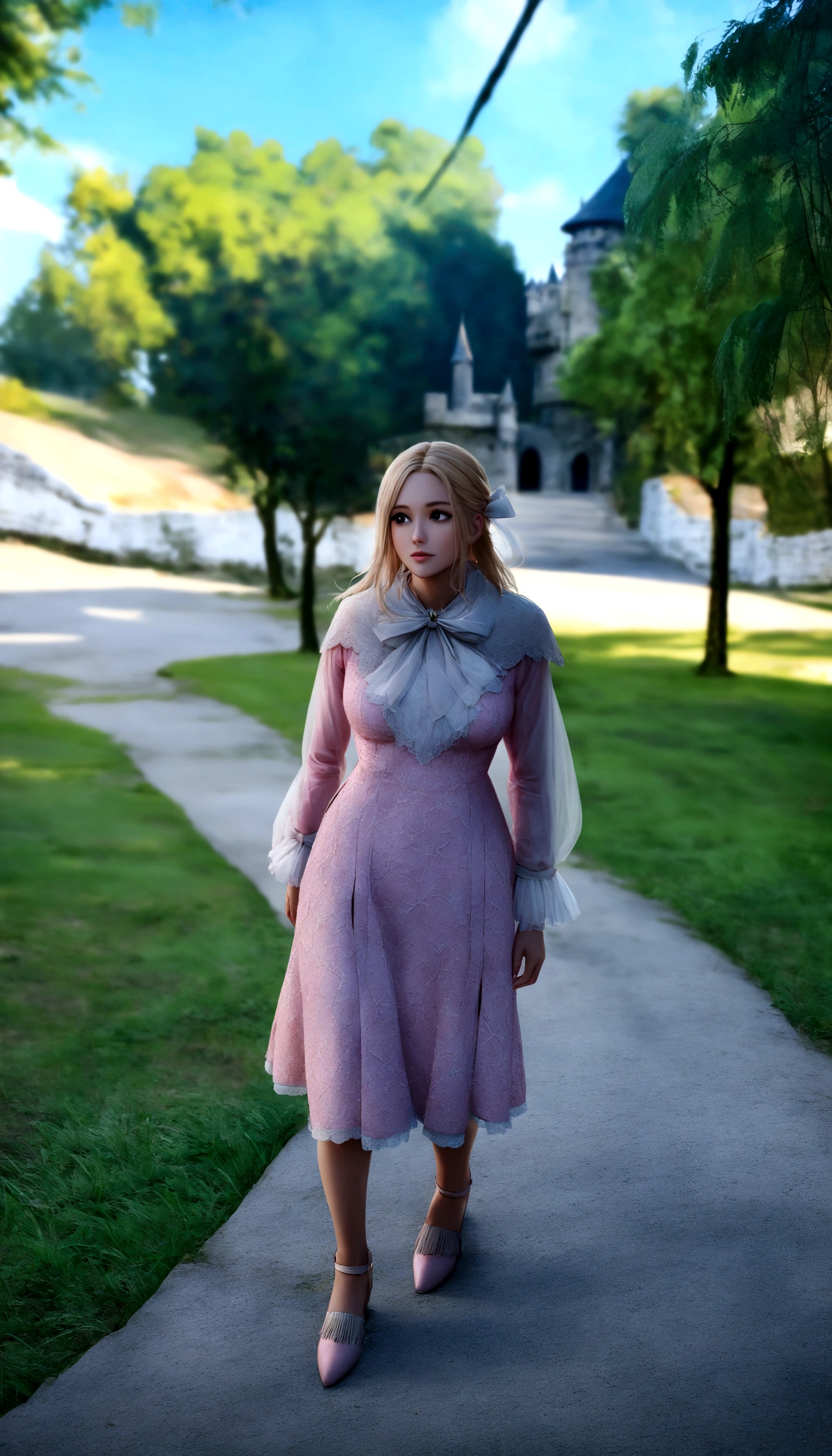 Master professional photography, Beautiful woman in pink dress,blondie hair, black eyes too, looking straight ahead, extreme textures and details, full body portrait shot, background of a forest with castle,