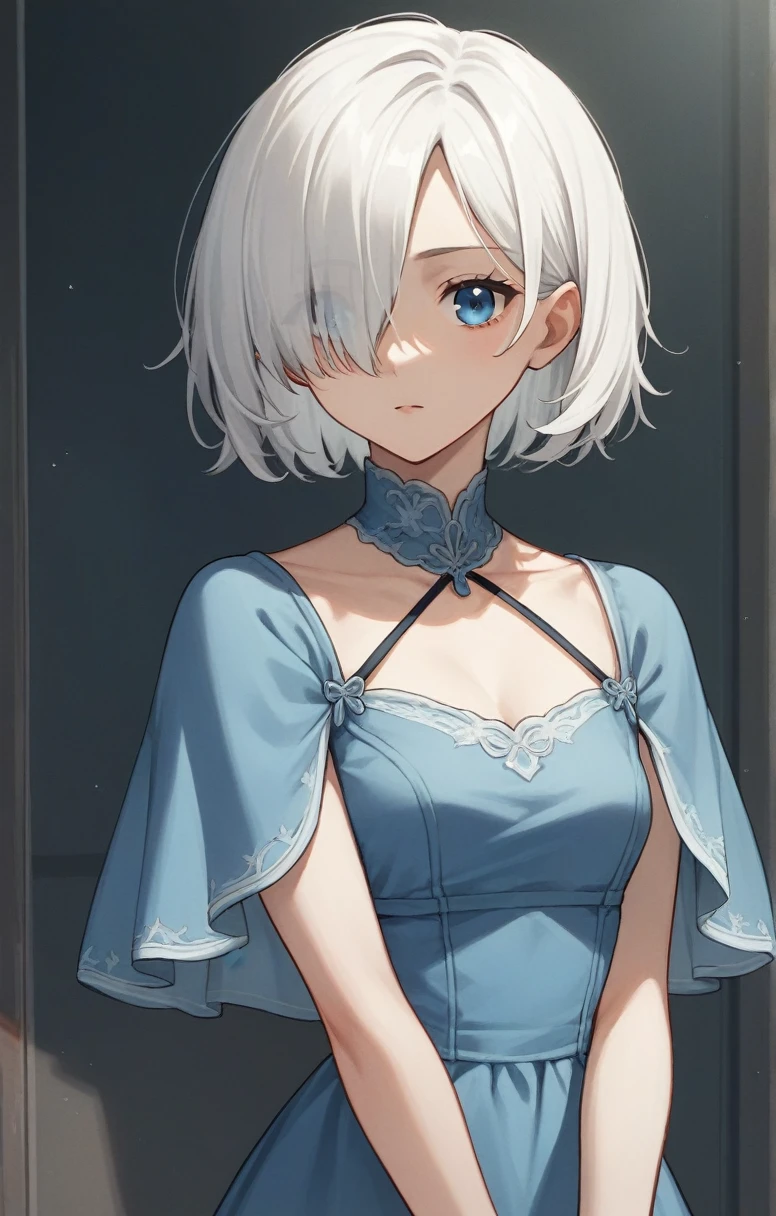 score_9, score_8_up, score_7_up, score_6_up, score_5_up, score_4_up, BREAK source_anime, one anime girl, blue eyes, white hair, medium hair, hair covers one eye, white and blue dress,