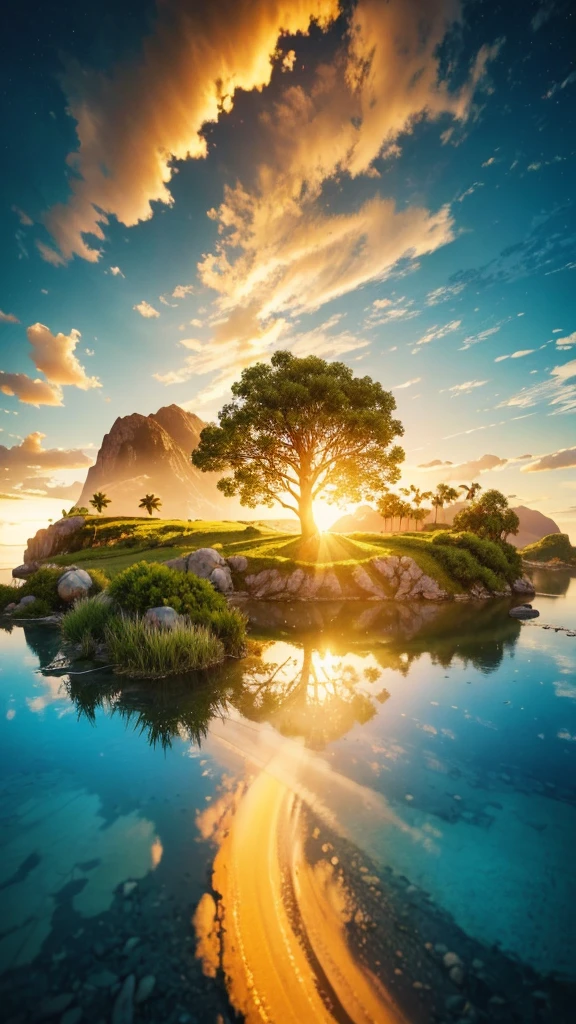 photorealistic landscape, natural landscape, naturey, Beleza Da naturey, Golden Sunset, Sky, Sky Power, Detailed Realistic Sunset, palmtrees, mountainscape, rivers of water, Sunset realism, Árvores naturey, Alone Men, man on his back, Man's Back, panorama, Alpha Male, Path to Heaven, heavenly, Detailed Realistic Image 8K, 16K Photorealistic Contrast, 8K Photorealistic Sharpness, 4K Photorealistic Cores, 16K Photorealistic Shadows, 8K Photorealistic Textures, 16K Photorealistic Texture, 4K Photorealistic Light, 4K PhotoRealism, FullHD 4K Detailed Contrast, detailed sharpness FullHD 8K, detailed sharpness FullHD 4K, detailed sharpness, 2K Detailed Colors, lifelike colors, FullHD Detailed Shadows, 4K Detailed Textures, detailed texture, padoru, Natural Beauty, chic 