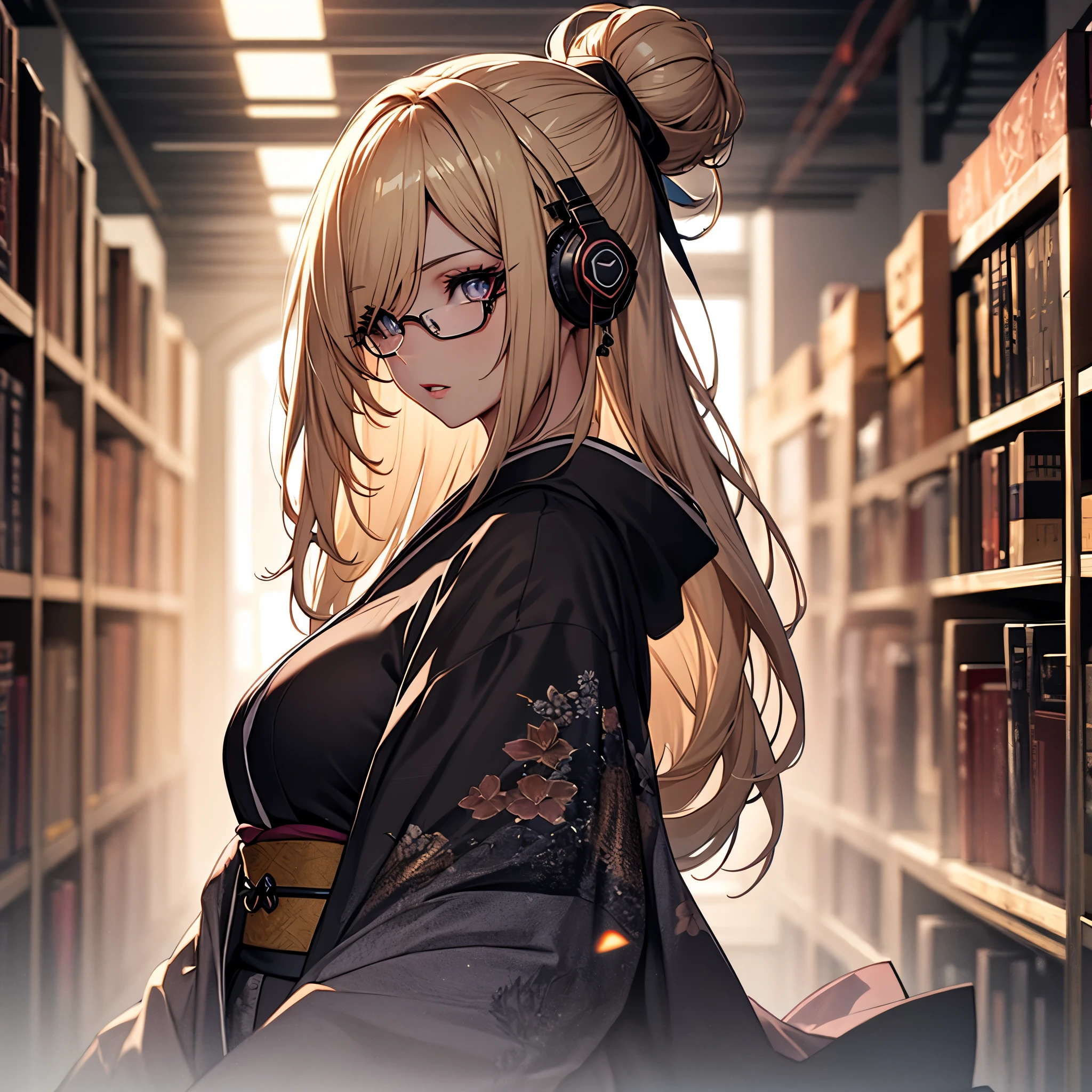(1girl:1.3), Masterpiece, Best quality, amazing beauty, [[3D]], 4K, absurdres, finely detail, super detailed eye, perfect anatomy, official art, cinematic lighting, BREAK, Library, silky long hair, hair bun, blonde, super shiny detailed black eye, big eyes, sparkle(in the eyes), thick eyebrow, Gazing into the Distance, close-mouth, plump lips, Mascara, False eyelashes, pink lips, eyewear, Looks like fun, BREAK , big breasts, tall, slender, fair skin, sitting chair, full body, from side, BREAK , She has headphones on, BREAK,(kimono:1.3)