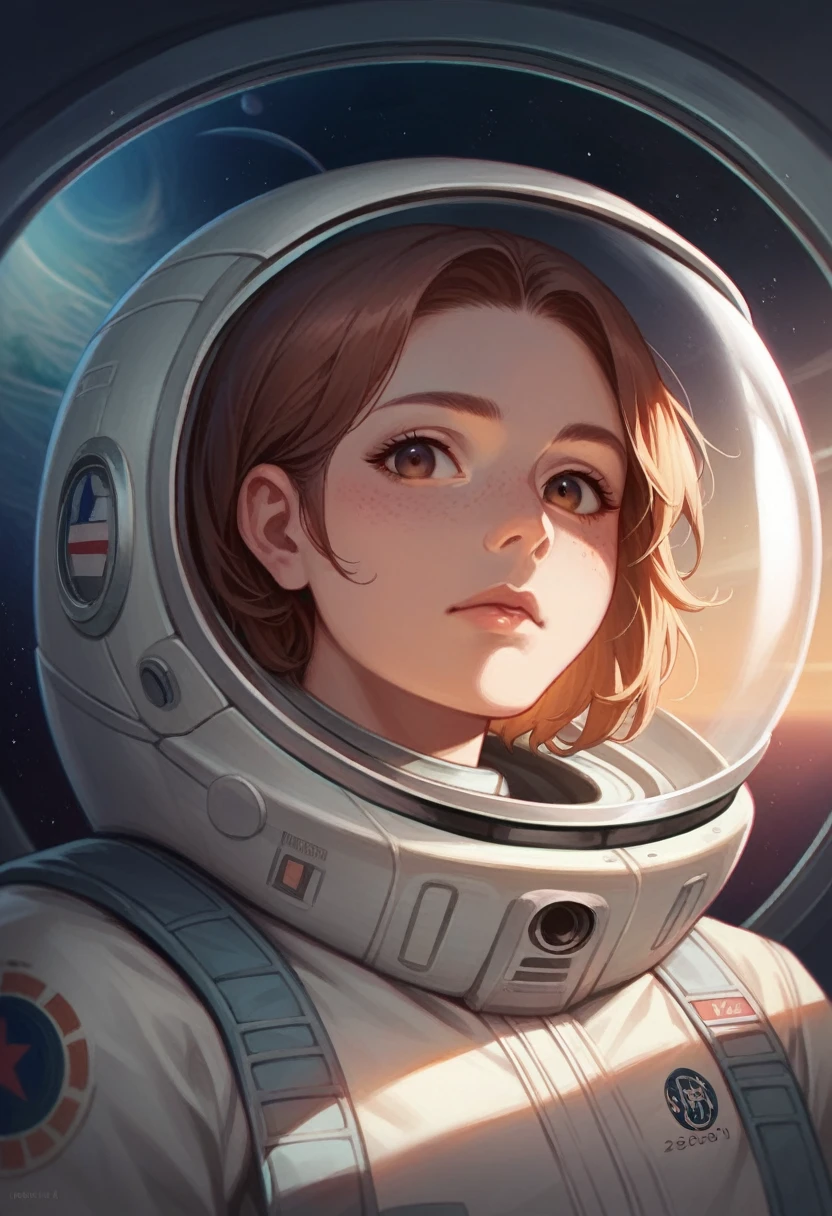 Illustration, detailed illustration, dynamic angle, ultra detailed, best quality, 1girl, 30 year old woman, beautiful, short brown hair, big brown eyes, light freckles, space suit, window in background, starfield in background
