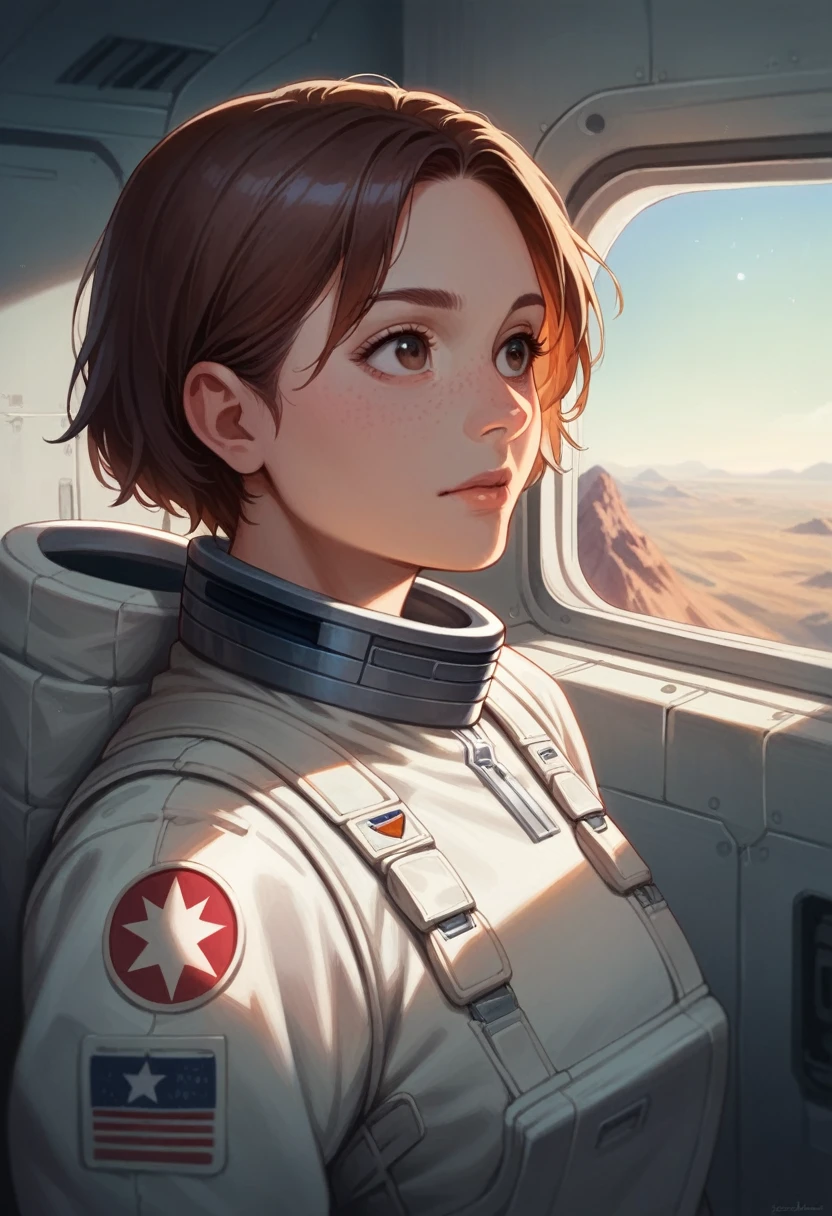 Illustration, detailed illustration, dynamic angle, ultra detailed, best quality, 1girl, 30 year old woman, beautiful, short brown hair, big brown eyes, light freckles, space suit, window in background, starfield in background