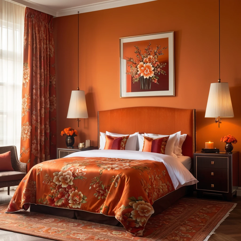 Create a realistic style image with a luxurious hotel room with orange walls. The room is elegantly decorated, highlighting a bed with a sophisticated Orange floral pattern on the bedding. The focus is on the rich red textures of the materials, capturing the luxurious comfort and refined atmosphere of high-end accommodation. Natural light filters through sheer curtains, improving the serene and welcoming atmosphere of the room, 