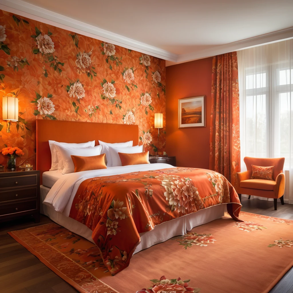 Create a realistic style image with a luxurious hotel room with orange walls. The room is elegantly decorated, highlighting a bed with a sophisticated Orange floral pattern on the bedding. The focus is on the rich red textures of the materials, capturing the luxurious comfort and refined atmosphere of high-end accommodation. Natural light filters through sheer curtains, improving the serene and welcoming atmosphere of the room, 