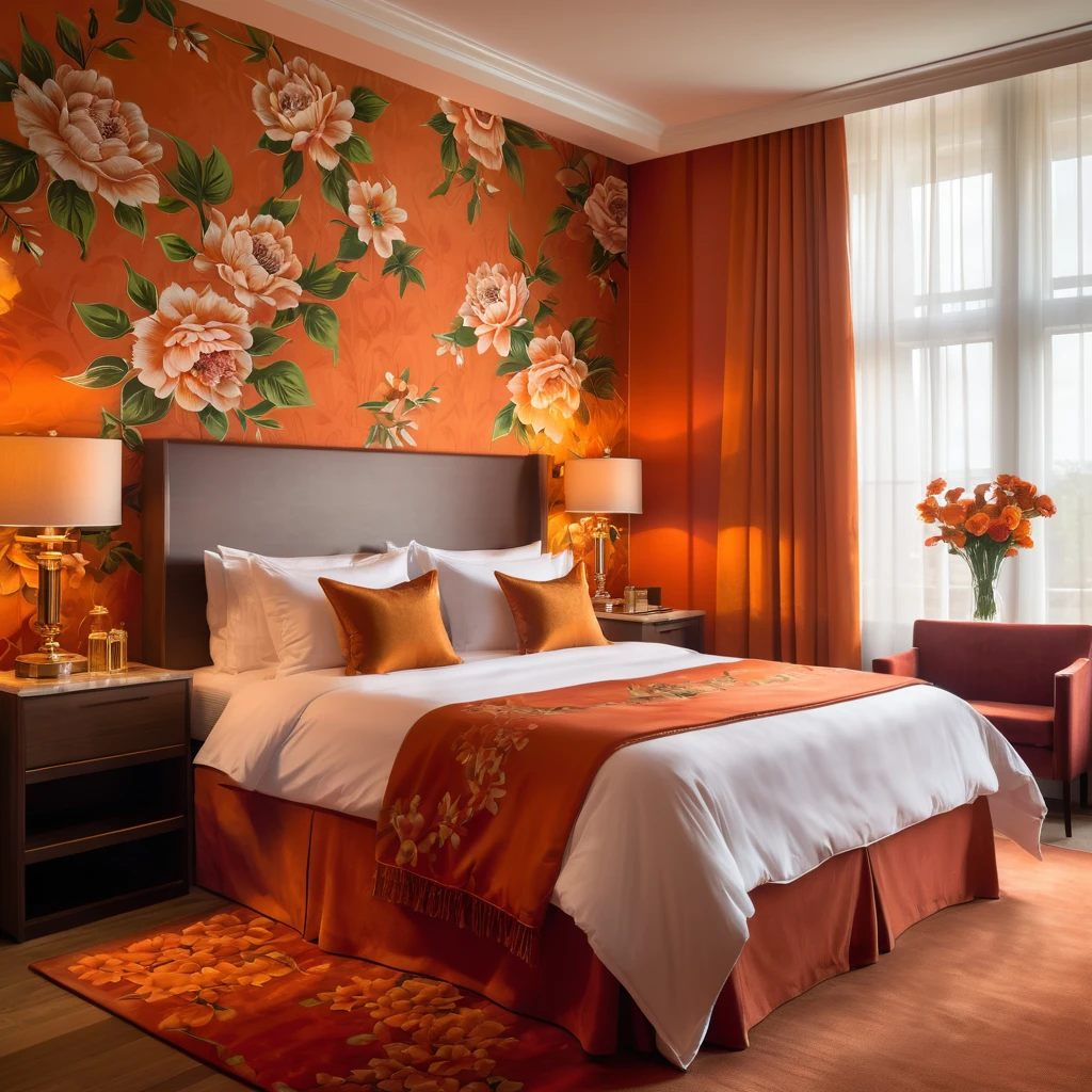 Create a realistic style image with a luxurious hotel room with orange walls. The room is elegantly decorated, highlighting a bed with a sophisticated Orange floral pattern on the bedding. The focus is on the rich red textures of the materials, capturing the luxurious comfort and refined atmosphere of high-end accommodation. Natural light filters through sheer curtains, improving the serene and welcoming atmosphere of the room, 