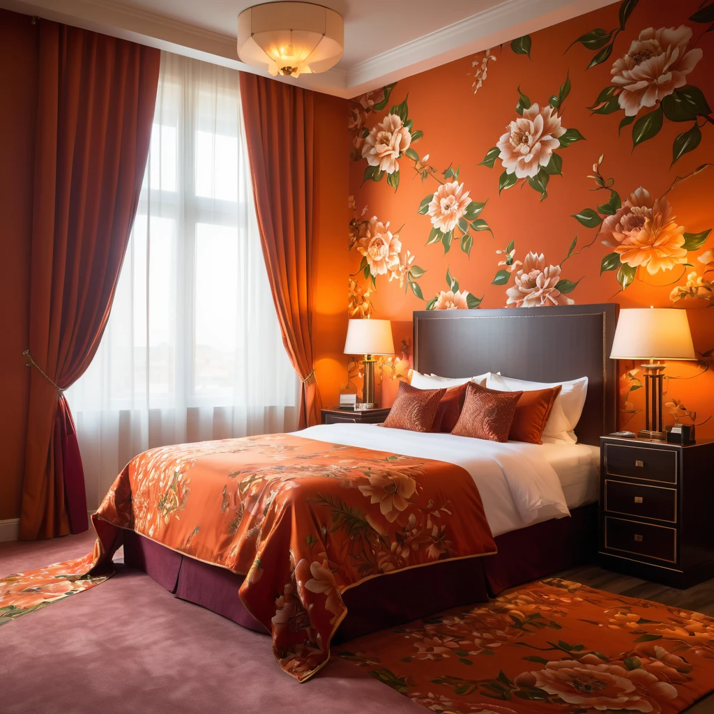 Create a realistic style image with a luxurious hotel room with orange walls. The room is elegantly decorated, highlighting a bed with a sophisticated Orange floral pattern on the bedding. The focus is on the rich red textures of the materials, capturing the luxurious comfort and refined atmosphere of high-end accommodation. Natural light filters through sheer curtains, improving the serene and welcoming atmosphere of the room, 