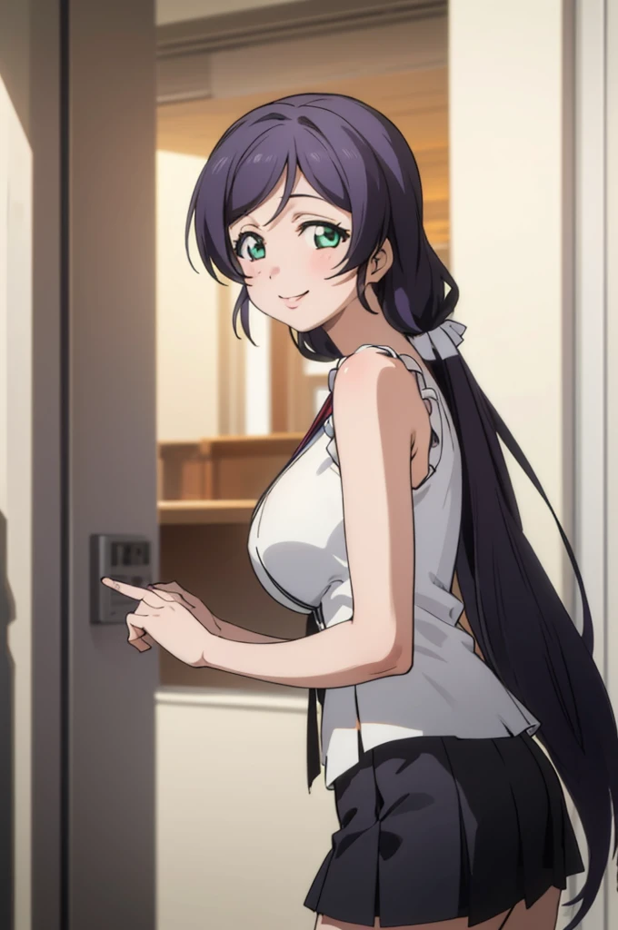 (masterpiece, best quality), 1girl, nozomi toujou, looking at viewer, smile,huge ,sleeveless,miniskirt,