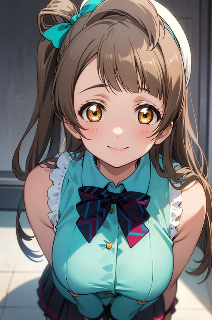 (((pixel-perfect, detail-perfect))), solo, 1girl, kotori minami, , looking at viewer, smile,big breasts,nsfw,miniskirt,,sleeveless
