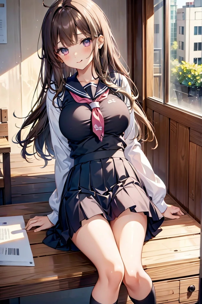 masterpiece, One girl,  Brown haired girl, Sailor suitを着て, Long Hair, The body is slim,  Pink eyes, Ahoge, Baby Face, Large Breasts, Beautiful breasts, Long sleeve, Beautiful Eyes, (Black knee-high socks:1.1), skirt, プリーツskirt, Sailor suit, Tight shirt, skirt, Bedroom M-shaped legs Pussy Open legs Horny Tongue licking Slanted eyes 