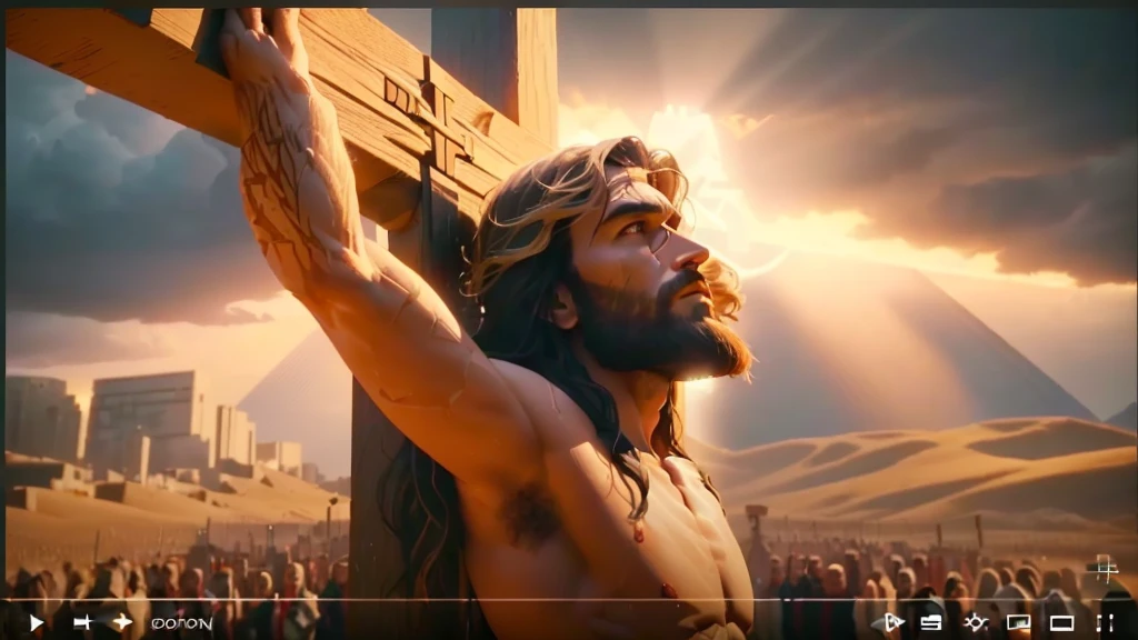 a close up of a person holding a cross in front of a sky, jesus on cross, jesus on the cross, jesus christ on the cross, animated film, jesus, crucifixion of conor mcgregor, youtube video screenshot, tron legacy jesus christ, 3 d animated movie, movie screen shot, animation film, crucifixion, crucifix, gigachad jesus