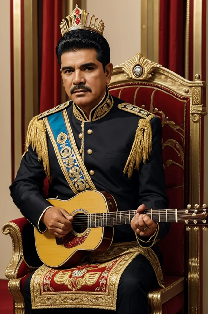 Chalino Sánchez with his guitar and his crown sitting on his throne 
