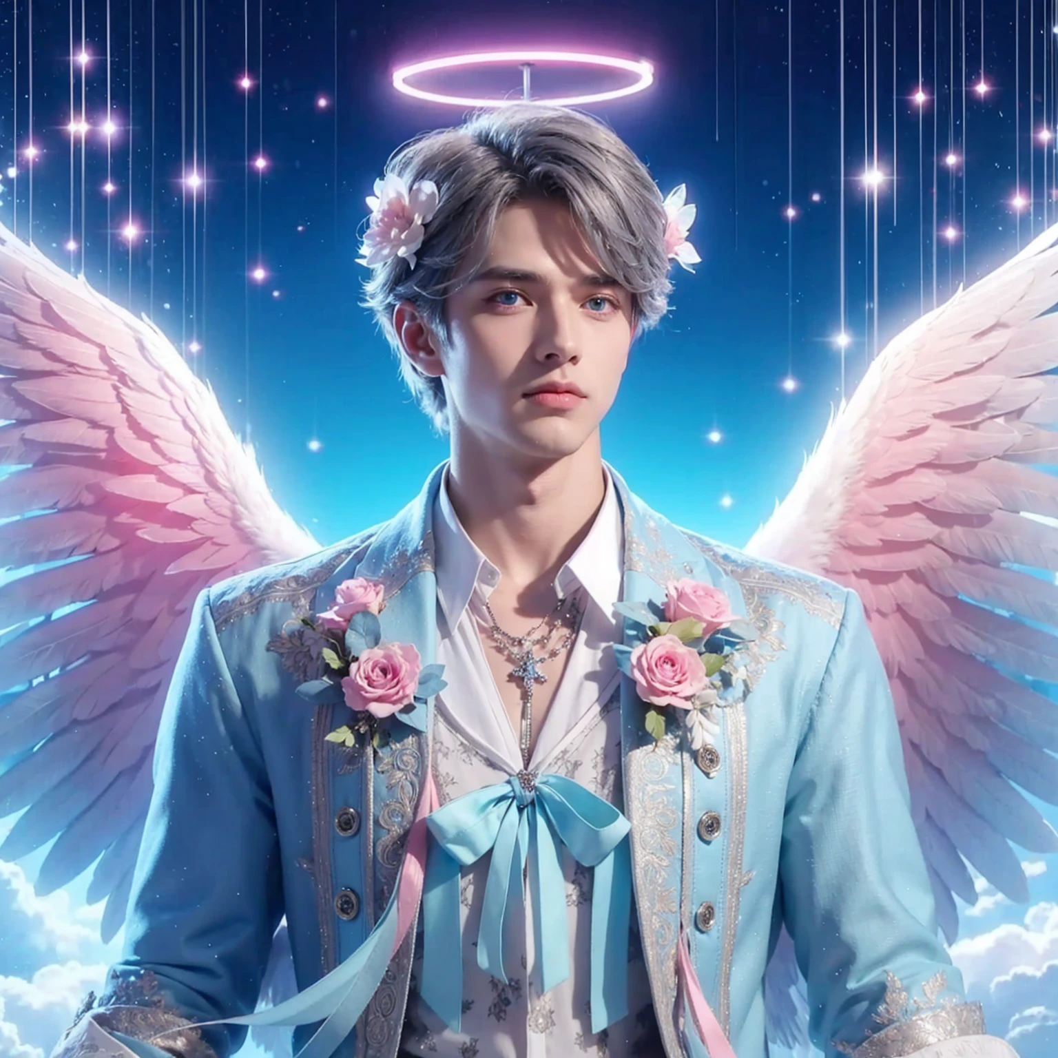 Handsome boy, gray hair, blue eyes, blue and pink wings