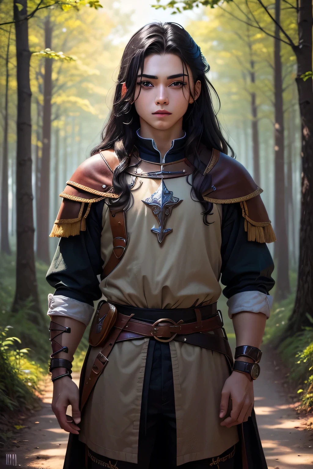 ((best quality)), ((masterpiece)), (detailed), Prize-winning works, with incredible details, maximum textures and details, mantea ,1 Um homem adolescente guerreiro aventureiro ranger medieval mantea medieval verde claro, mantea verde, long black hair ,fully body (10 year old man:1.1,detailedeyes, face detailed, whole body:1.1,the background is a forest ),(best qualityer:1.2,ultra detali:1.1,realisitic:1.37),stone medieval ancient city ,eyeshadows,hidden identity,sharp focus,swirly vibrant colors,), (twilight), 8K