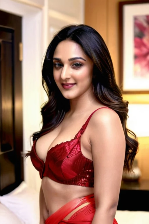 Full body photo of busty kiara advani  ((Best Quality, 4K, 8K, High Definition, Masterpiece: 1.2), (Ultra Detailed, Photorealistic, Portrait: 1.37), Detailed eyes and lips, beautiful face, exquisite makeup, bright colors, soft lighting, in her bedroom ,seductive gaze, seductive pose, about to spill Breasts,  admiring tourists, satisfied smiles, happy laughter, harmonious composition, looking for fun, seductive charm, seductive atmosphere, scenic beauty, photo realistic Rendering, artistic excellence, highlighting the feminine charm, vivid color palette, luxurious setting, vibrant energy, expressive personality, charming expression, highly detailed moist skin texture, She exudes a terrifying sexual charm that no one can resist (NSFW:1.2)