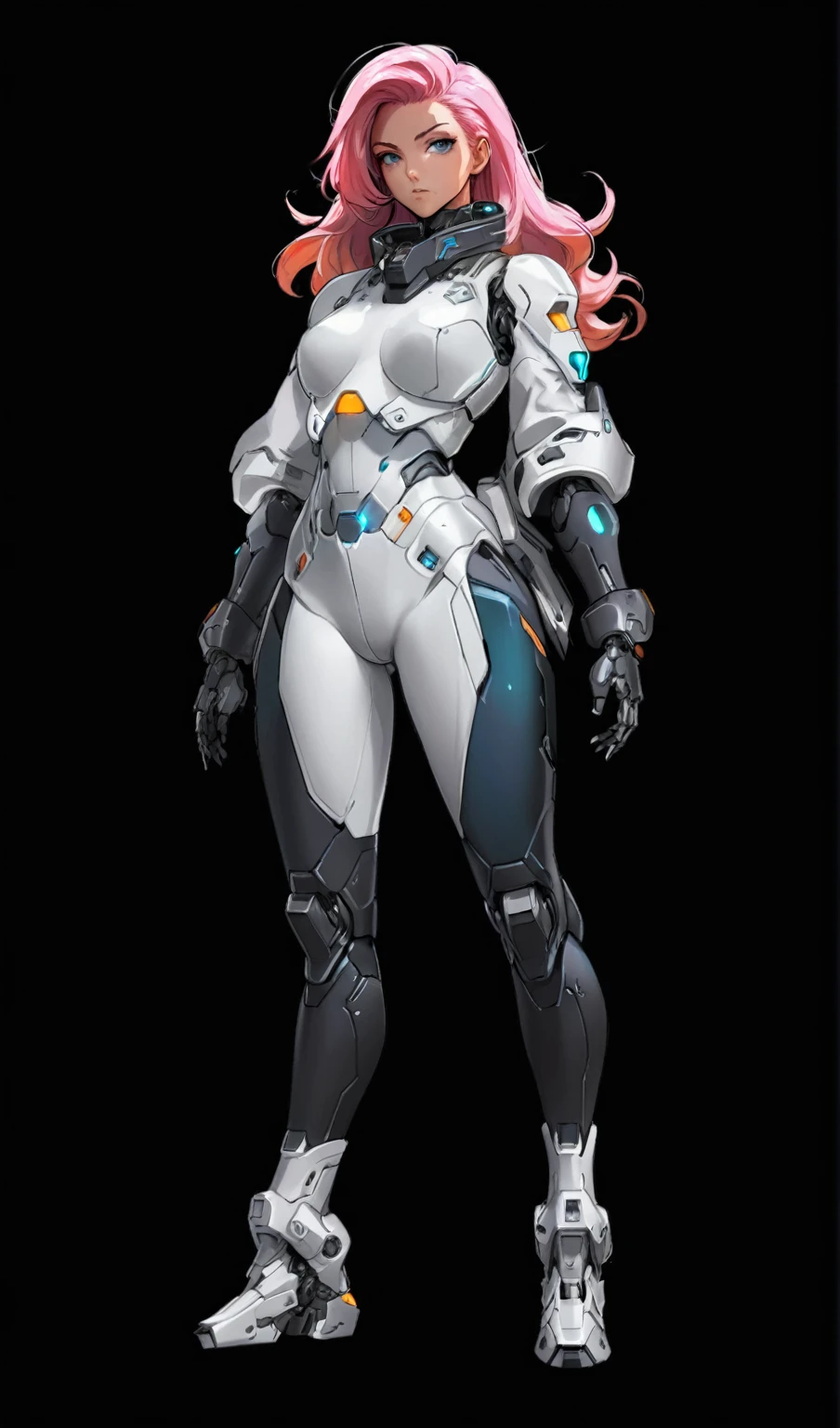 Vector Art, Flattening, smooth line art, Minimalism, graphic design aesthetics, flat illustration, (masterpiece, best quality, perfect composition, very aesthetic, absurdres, ultra-detailed, intricate details, Professional, official art, Representative work:1.3), a close up of a woman in a futuristic suit with pink hair, girl in mecha cyber armor, female mecha, mecha suit, cyberpunk anime girl mech, ferra white mecha, echo from overwatch, glossy white armor, cybersuit, sci - fi character, cyber suit, gynoid cyborg body, sci fi female character, diverse cybersuits