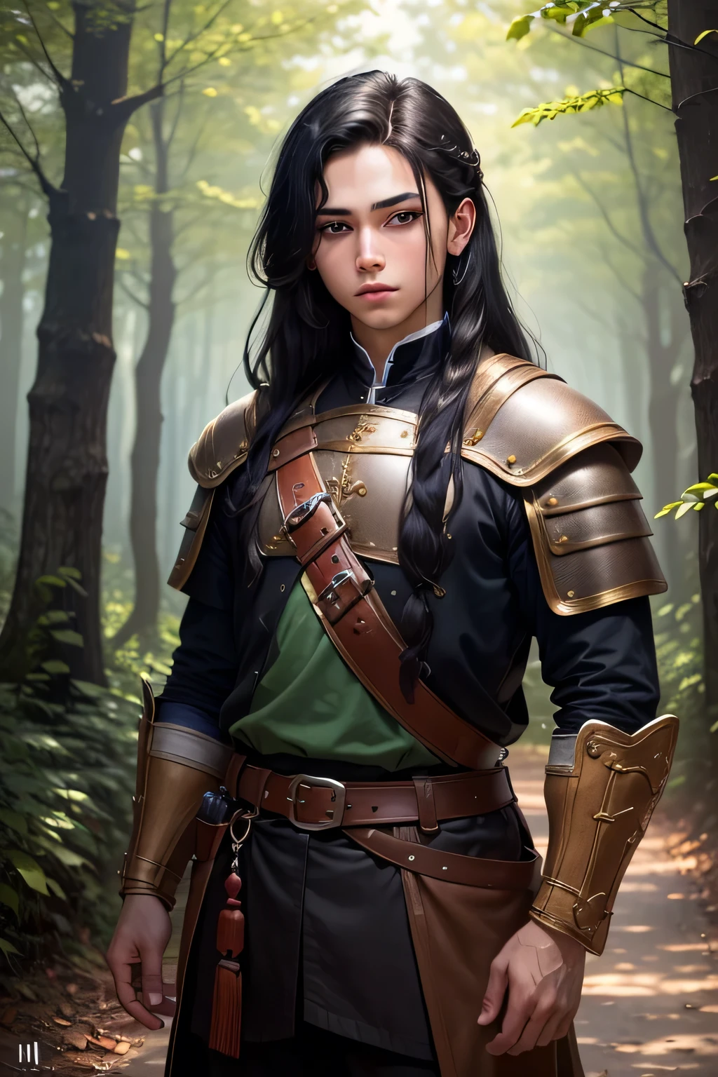 ((best quality)), ((masterpiece)), (detailed), Prize-winning works, with incredible details, maximum textures and details, mantea ,1 Um homem adolescente guerreiro aventureiro ranger medieval mantea medieval verde claro, mantea verde, long black hair ,fully body (10 year old man:1.1,detailedeyes, face detailed, whole body:1.1,the background is a forest ),(best qualityer:1.2,ultra detali:1.1,realisitic:1.37),stone medieval ancient city ,eyeshadows,hidden identity,sharp focus,swirly vibrant colors,), (twilight), 8K