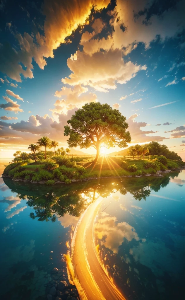 photorealistic landscape, natural landscape, naturey, Beleza Da naturey, Golden Sunset, Sky, Sky Power, Detailed Realistic Sunset, palmtrees, God's City, Heavens Realm, mountainscape, rivers of water, Sunset realism, Árvores naturey, Alone Men, man on his back, Man's Back, panorama, Alpha Male, Path to Heaven, heavenly, Detailed Realistic Image 8K, 16K Photorealistic Contrast, 8K Photorealistic Sharpness, 4K Photorealistic Cores, 16K Photorealistic Shadows, 8K Photorealistic Textures, 16K Photorealistic Texture, 4K Photorealistic Light, 4K PhotoRealism, FullHD 4K Detailed Contrast, detailed sharpness FullHD 8K, detailed sharpness FullHD 4K, detailed sharpness, 2K Detailed Colors, lifelike colors, FullHD Detailed Shadows, 4K Detailed Textures, detailed texture, padoru, Natural Beauty, chic