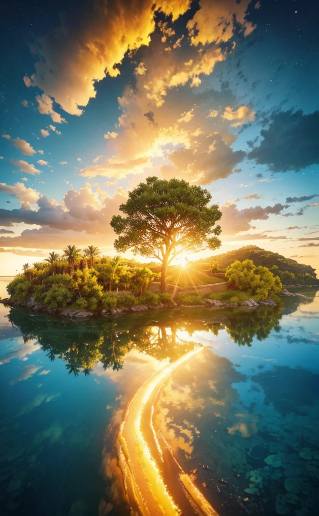 photorealistic landscape, natural landscape, naturey, Beleza Da naturey, Golden Sunset, Sky, Sky Power, Detailed Realistic Sunset, palmtrees, God's City, Heavens Realm, mountainscape, rivers of water, Sunset realism, Árvores naturey, Alone Men, man on his back, Man's Back, panorama, Alpha Male, Path to Heaven, heavenly, Detailed Realistic Image 8K, 16K Photorealistic Contrast, 8K Photorealistic Sharpness, 4K Photorealistic Cores, 16K Photorealistic Shadows, 8K Photorealistic Textures, 16K Photorealistic Texture, 4K Photorealistic Light, 4K PhotoRealism, FullHD 4K Detailed Contrast, detailed sharpness FullHD 8K, detailed sharpness FullHD 4K, detailed sharpness, 2K Detailed Colors, lifelike colors, FullHD Detailed Shadows, 4K Detailed Textures, detailed texture, padoru, Natural Beauty, chic