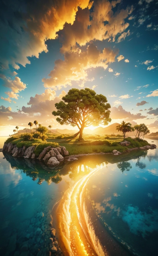photorealistic landscape, natural landscape, naturey, Beleza Da naturey, Golden Sunset, Sky, Sky Power, Detailed Realistic Sunset, palmtrees, God's City, Heavens Realm, mountainscape, rivers of water, Sunset realism, Árvores naturey, Alone Men, man on his back, Man's Back, panorama, Alpha Male, Path to Heaven, heavenly, Detailed Realistic Image 8K, 16K Photorealistic Contrast, 8K Photorealistic Sharpness, 4K Photorealistic Cores, 16K Photorealistic Shadows, 8K Photorealistic Textures, 16K Photorealistic Texture, 4K Photorealistic Light, 4K PhotoRealism, FullHD 4K Detailed Contrast, detailed sharpness FullHD 8K, detailed sharpness FullHD 4K, detailed sharpness, 2K Detailed Colors, lifelike colors, FullHD Detailed Shadows, 4K Detailed Textures, detailed texture, padoru, Natural Beauty, chic 