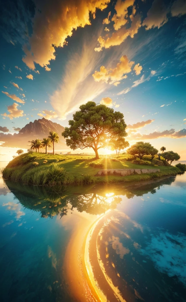 photorealistic landscape, natural landscape, naturey, Beleza Da naturey, Golden Sunset, Sky, Sky Power, Detailed Realistic Sunset, palmtrees, God's City, Heavens Realm, mountainscape, rivers of water, Sunset realism, Árvores naturey, Alone Men, man on his back, Man's Back, panorama, Alpha Male, Path to Heaven, heavenly, Detailed Realistic Image 8K, 16K Photorealistic Contrast, 8K Photorealistic Sharpness, 4K Photorealistic Cores, 16K Photorealistic Shadows, 8K Photorealistic Textures, 16K Photorealistic Texture, 4K Photorealistic Light, 4K PhotoRealism, FullHD 4K Detailed Contrast, detailed sharpness FullHD 8K, detailed sharpness FullHD 4K, detailed sharpness, 2K Detailed Colors, lifelike colors, FullHD Detailed Shadows, 4K Detailed Textures, detailed texture, padoru, Natural Beauty, chic 