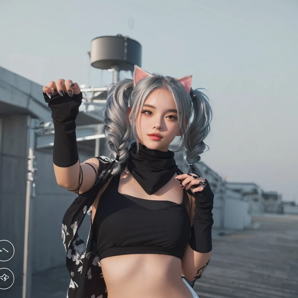 Cute girl and beauty, using black bikini dress, cat pose, silver hair in two pigtails