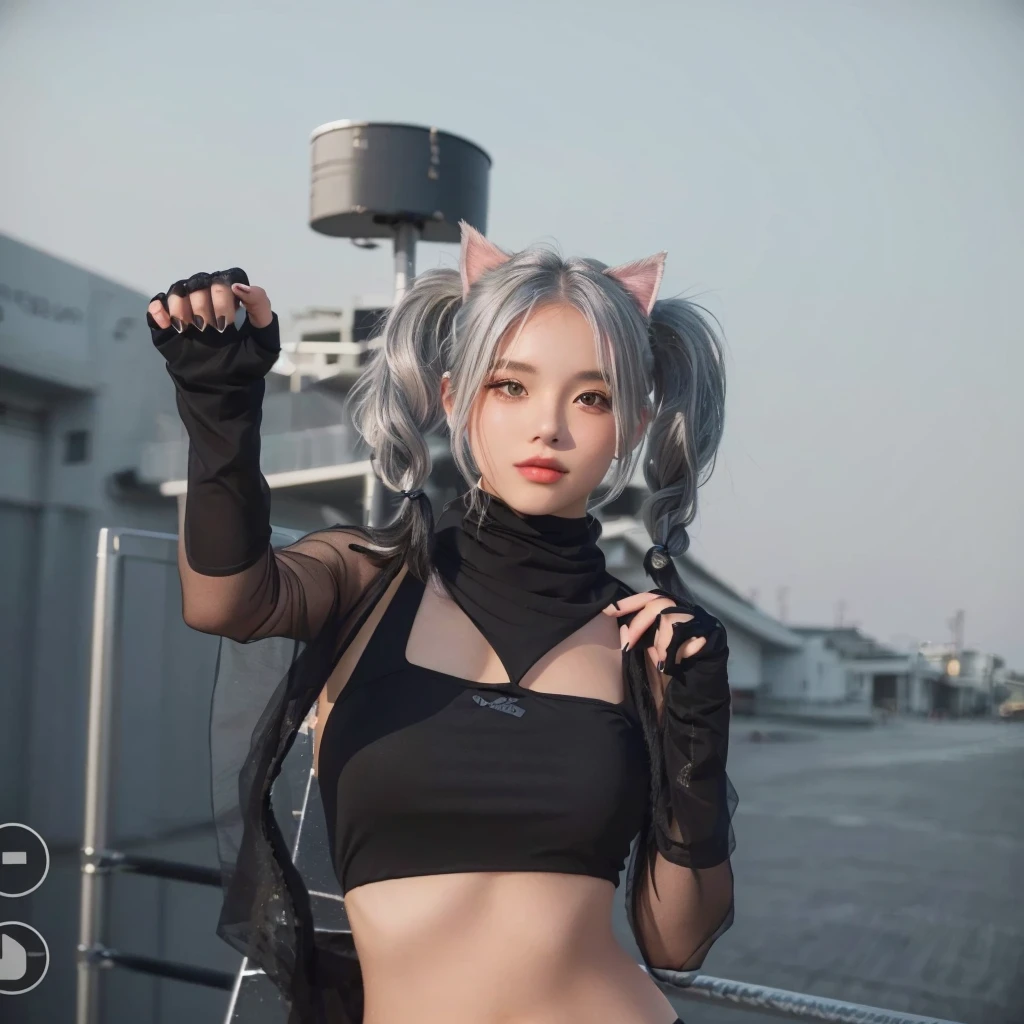 Cute girl and beauty, using black bikini dress, cat pose, silver hair in two pigtails