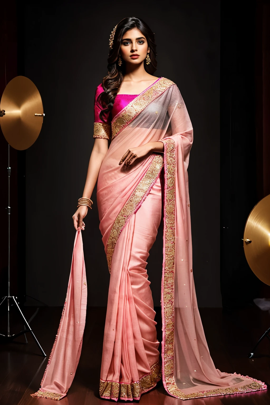 Three extremely different beautiful indian models , 20 year old, ((pink bridal saree)), inside a studio, light background, rim light, key light, different bold sassy poses for magazine, (very very long hair), different expensive designer clothes, ((expensive ornaments)), round deep navel, HDR, hyper realistic, intricate detailing, 