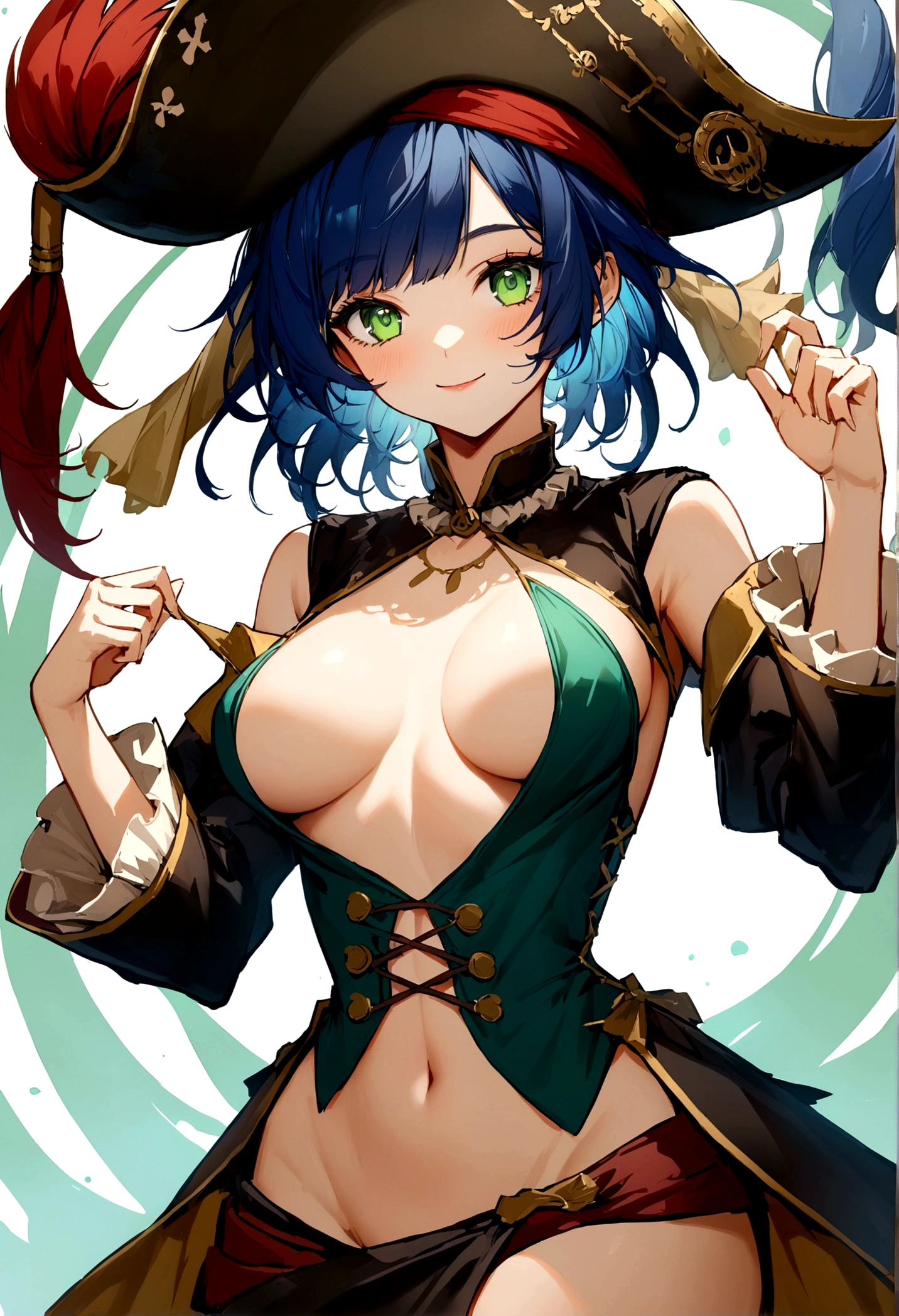 youn woman, short blue hair, empty green eyes, oval shaped face, pirate clothes, alluring clothes, medium breast, revealing clothes, blissfull smile,