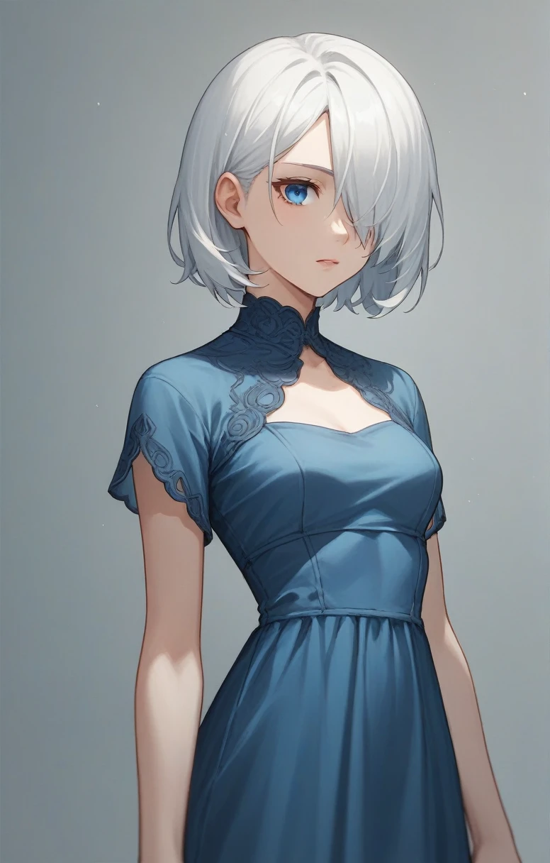 score_9, score_8_up, score_7_up, score_6_up, score_5_up, score_4_up, BREAK source_anime, one anime girl, blue eyes, white hair, medium hair, hair covers one eye, white and blue dress,