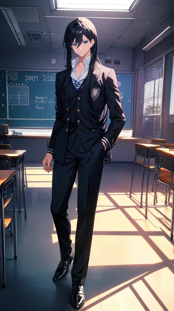 best quality, extremely detailed, anime style adult 1girl, long hair down to the waist, straight hair, ((dark black hair with bluish)),under bun,beautiful detailed eyes, pinched eyes, dark blue eyes, huge breasts,curvy,((((boys' school uniform)))),blazer,accessory,((((trousers)))),Clothes with a lot of cloth area,masculine attire,((handsome)),((classroom with light coming in))