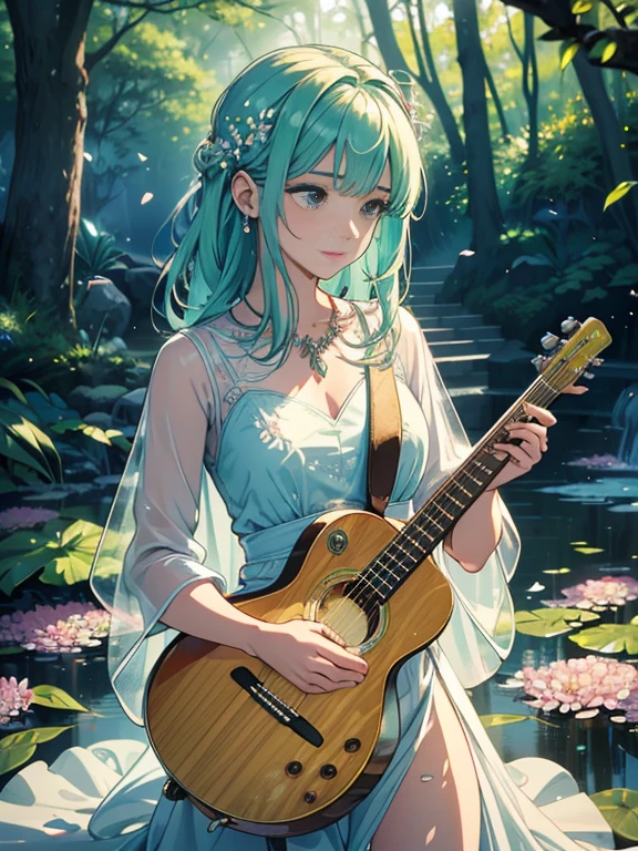 (best quality,4k,8k,highres,masterpiece:1.2),ultra-detailed,realistic,crystal-clear guitar carving,translucent morning of spring,sunlight reflection on guitar,body details,delicate strings,vibrant color palette,sculpting tools,hourglass figure,sound holes,elegant curves,polished surface,delicate engravings,effects of light and shadow,subtle reflections,shimmering surface,sparkling gemstones,flower petals falling,floral patterns,emerald accents throughout,transparent springtime essence,ethereal atmosphere,peaceful garden background,serene ambiance,morning dew,soft sunlight filtering through trees,lush greenery,vividly colored blossoms,harmonious blend of nature and art,impeccable craftsmanship,transcendent beauty,awe-inspiring artwork