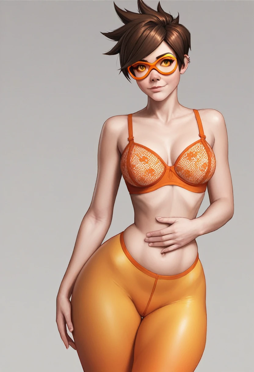 ((Masterpiece)), ((Photorealistic)), ((8k wallpaper)), ((best quality)), ((perfect quality)), alone, (detailed eyes), (solo), Girl, Tracer , short hair, brown hair, pose: ( shy pose, arm on belly), very beautiful, face: ( very beautiful face, (orange glasses), plump face, plump cheeks, round face, (perfect face), (make up ), big eyes, 20 years old, cute face, young), figure: ( very full body, (thick), (very curvy), very soft, big breasts, she has the (((Giant naked breasts, big erect nipples) )) (sexy curves), sexy, (a little chubby), (a little chubby belly), love handles, (wide waist), big deep navel, muffin top, thunder thighs), clothing: (orange lingerie) tight, tight orange tights)