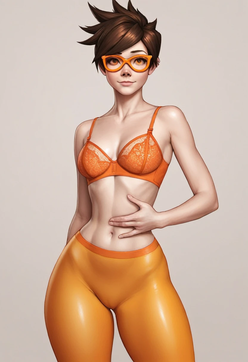 ((Masterpiece)), ((Photorealistic)), ((8k wallpaper)), ((best quality)), ((perfect quality)), alone, (detailed eyes), (solo), Girl, Tracer , short hair, brown hair, pose: ( shy pose, arm on belly), very beautiful, face: ( very beautiful face, (orange glasses), plump face, plump cheeks, round face, (perfect face), (make up ), big eyes, 20 years old, cute face, young), figure: ( very full body, (thick), (very curvy), very soft, , she has the (((Giant naked breasig ereles) )) (sexyes), s little chubb (a little chu belly), love handles, (wide waist), big deep navel, muffin top, thunder thighs), clothing: (orange lingerie) tight, tight orange tights)