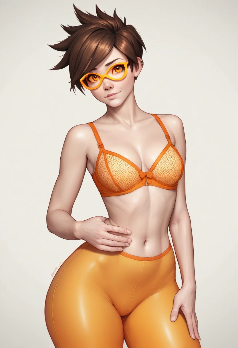 ((Masterpiece)), ((Photorealistic)), ((8k wallpaper)), ((best quality)), ((perfect quality)), alone, (detailed eyes), (solo), Girl, Tracer , short hair, brown hair, pose: ( shy pose, arm on belly), very beautiful, face: ( very beautiful face, (orange glasses), plump face, plump cheeks, round face, (perfect face), (make up ), big eyes, 20 years old, cute face, young), figure: ( very full body, (thick), (very curvy), very soft, big breasts, she has the (((Giant naked breasts, big erect nipples) )) (sexy curves), sexy, (a little chubby), (a little chubby belly), love handles, (wide waist), big deep navel, muffin top, thunder thighs), clothing: (orange lingerie) tight, tight orange tights)