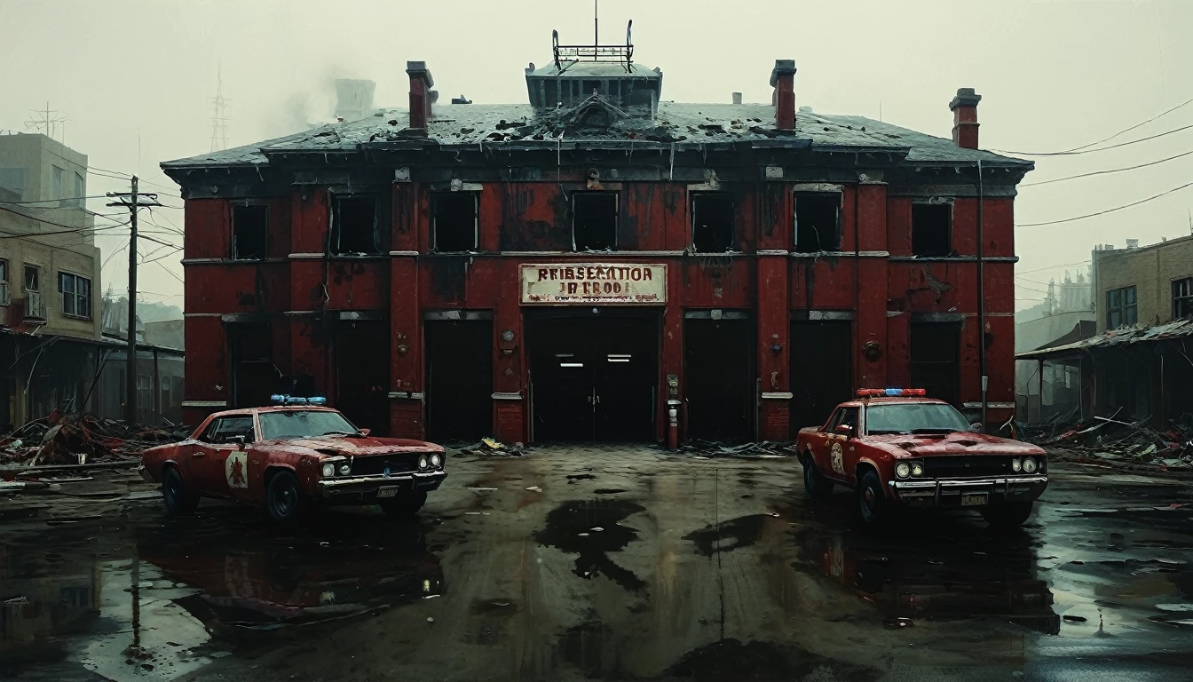 Create an abandoned fire station in an apocalyptic world surrounded by sinister zombies trying to invade