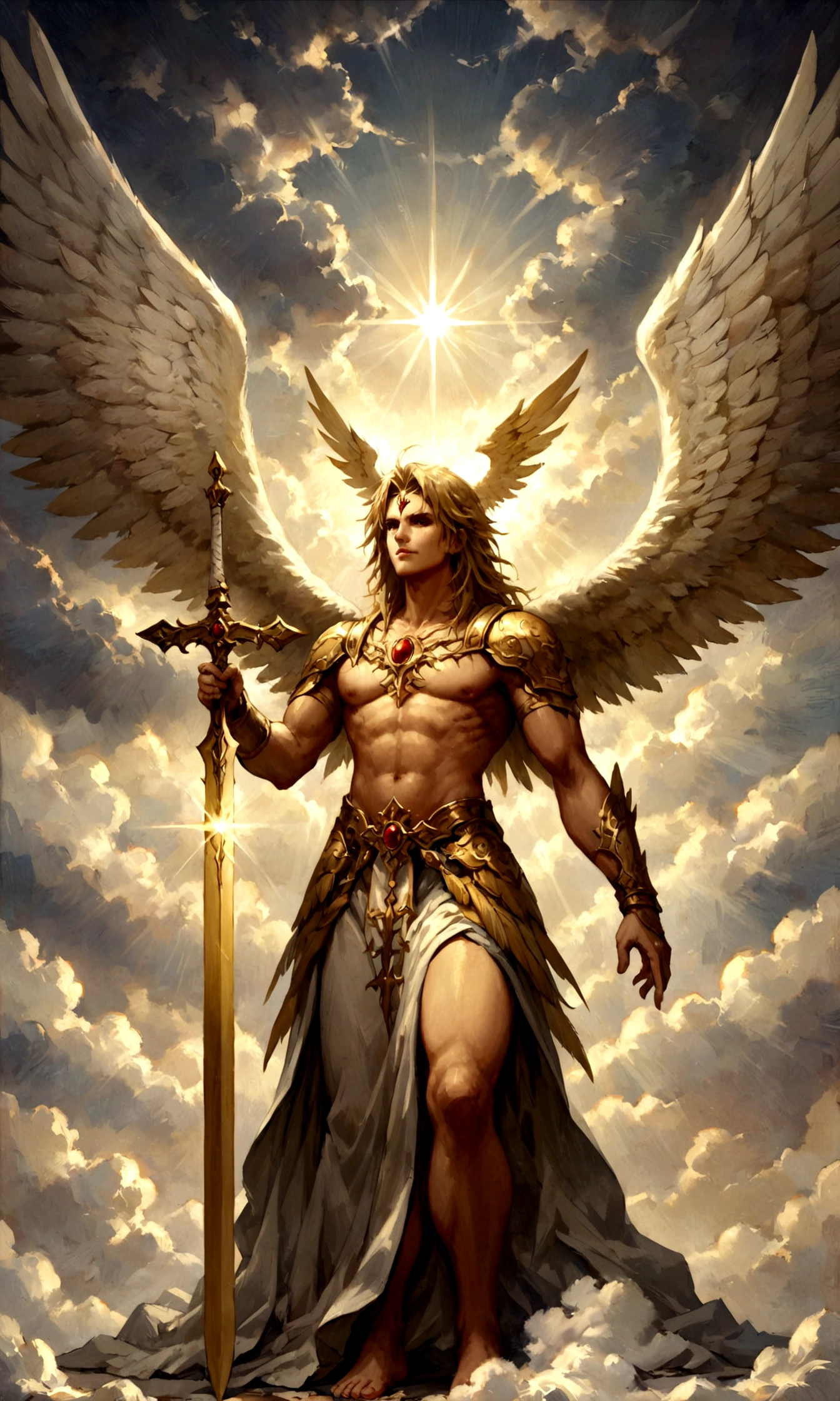 Six-winged angel, warrior of God, holding a sword pointed to the sky, divine light shines from heaven through the dark clouds