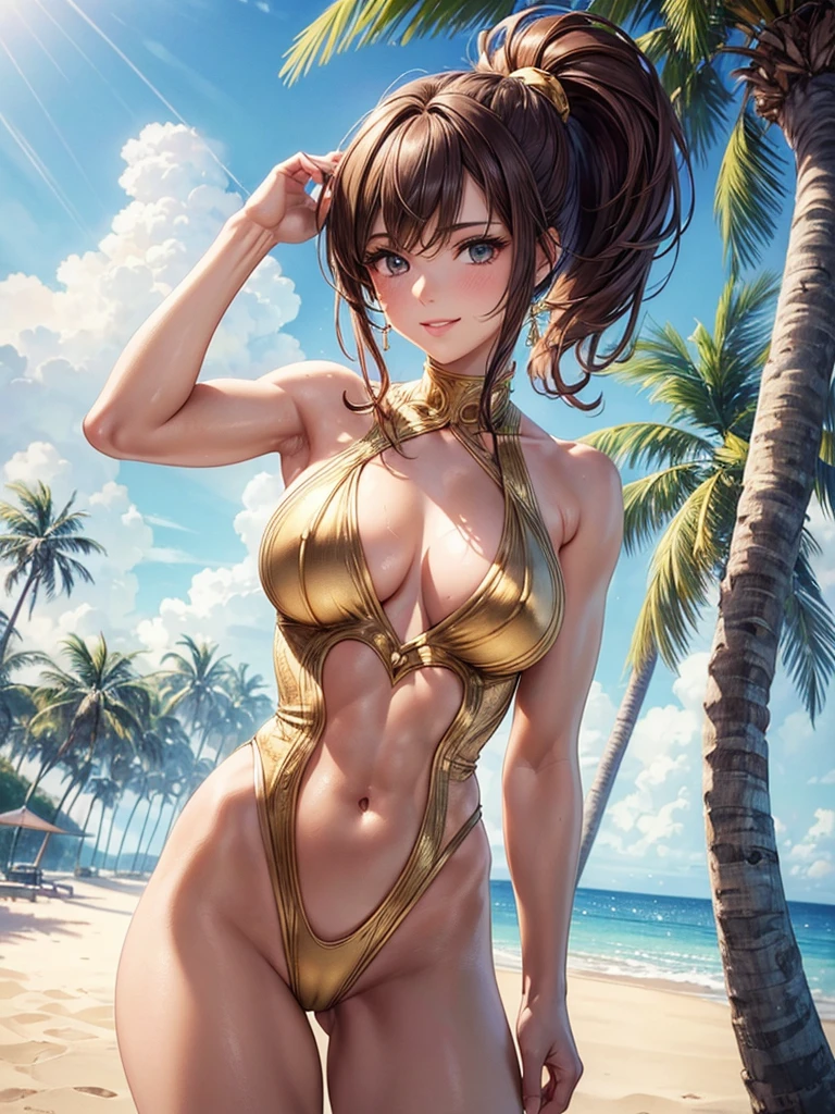 ,(best quality, ultra-detailed, realistic:1.37, masterpiece:1.2), woman, beautiful detailed eyes, beautiful detailed lips, brown hair tied up, smile,gold micro one-piece swimsuit, (muscular body:1.1),slim figure, caustics, textile shading, toned body, clean abs, palm trees swaying, ponytail,