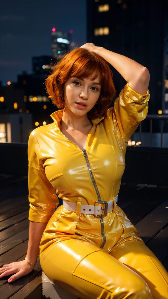 (masterpiece), (best quality), (solo character), (large breasts), (photorealistic:1.4), (chr1sh3n wearing white belt), (apriloneil costume, jumpsuit), (yellow latex jumpsuit), (apriloneil hairstyle), (apriloneil white belt), (apriloneil boots), (aprilonei wearing watch), (epiCRealLife), (lora:epiCFlashPhoto), (red hair), (red lipstick), (brown eyes), (young woman), (flashphoto), (at night), (new york city view), (garden rooftop), (outdoor), (sit on lounge chair), (lying on back),