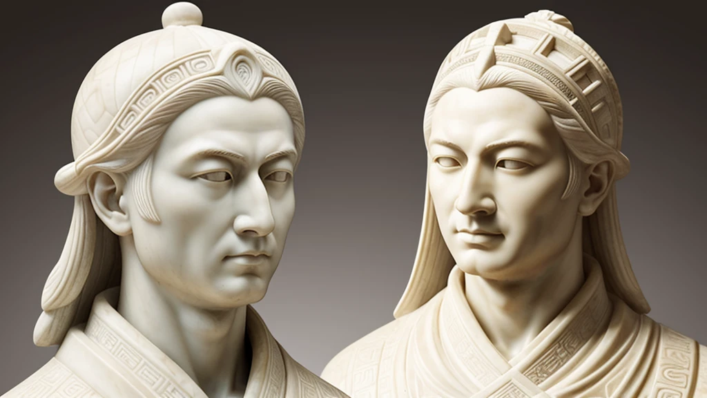 Create a photorealistic depiction of a marble bust of the famous Chinese explorer Zheng He. The scene should include the following elements:
Bust Features: The marble bust should feature a lifelike representation of Zheng He, capturing his facial features with precision. Show his distinctive high cheekbones, prominent nose, and calm, dignified expression.
Historical Accuracy: Ensure historical accuracy in the depiction, reflecting traditional Chinese attire. Include details like the headgear he might have worn, possibly a traditional Ming Dynasty hat or a headdress suitable for his rank.
Marble Texture: The bust should be crafted from high-quality marble, with realistic textures and veining. The surface should show the smoothness and subtle imperfections typical of carved marble.
Lighting and Shadows: Use realistic lighting to highlight the contours and details of the marble bust. Shadows should fall naturally, accentuating the three-dimensional quality of the sculpture. Ensure the craftsmanship reflects the skill and artistry of a master sculptor.
