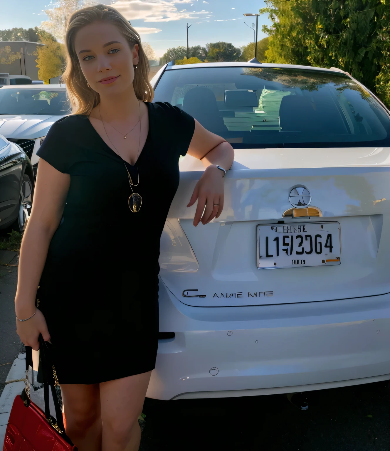 woman standing next to a white car with a license plate on it, by Carey Morris, by Whitney Sherman, by Daniel Schultz, by Marshall Arisman, by Matt Cavotta, by Tom Wänerstrand, by Juliette Wytsman, by Gene Davis, by Matthew Smith, by Kathleen Scott, by Carla Wyzgala, by Gavin Nolan, summer evening
