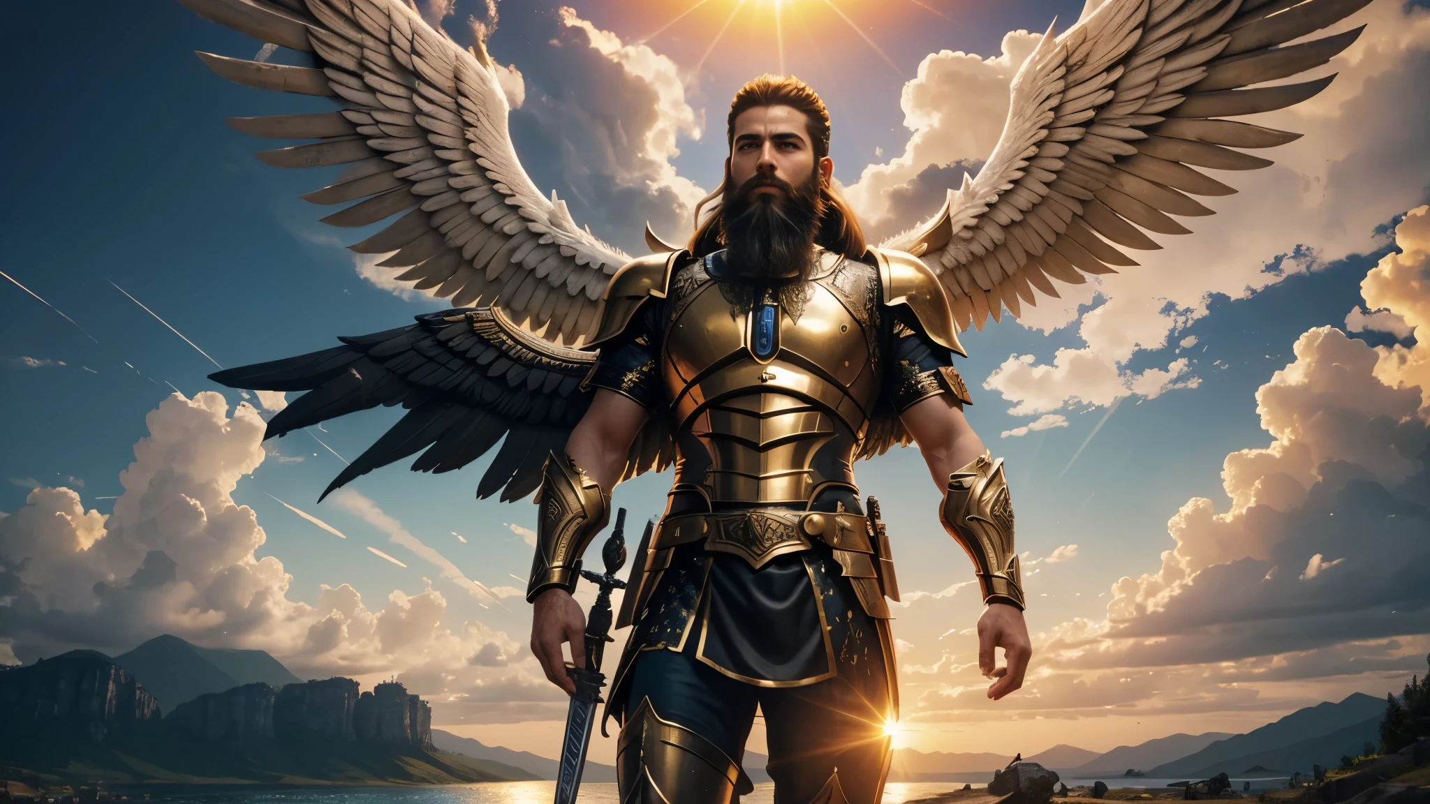 God's Angel, Anjo Masculino de GOD, God's golden Army, naughty man, Masculine Male, mighty, Jewish Hebrew Beard, Detailed Realistic God's Angel, photorrealistic, ultrahd, fotorrealism, epic, armour de Guerra, Soldier&#39;s Clothing, warrior de GOD, warrior, Macho warrior, 
battle angel, Forte Angel de GOD, Divina armour de Guerra, Dress for Battle, Spiritual war, Batalha Espiritual, Spiritual Battle Angel, epic warrior do Altíssimo, photorealistic landscape, golden sunset, sky, sky Power, Detailed realistic sunset, mountainous landscape, Rivers of water, sunset Realism, alone men, GOD man, Man&#39;s beard, GOD's Army Angel, armour Divina, golden Army, Silver Army, armour, Soldier Angel, Detalhes photorrealistics, GOD's angel masculino, GOD's Army, GOD's Hebrew, GOD's Strong Angel, GOD's Power, angel masculino, male man, Camisa padoru, elegant shirt, Closed blouse, closed shirt, long-sleeved shirt, golden, Tunica, GOD&#39;angel, barba, naughty man com barba, Large Beard, Barba Judaica, Hebrew, panorama, Alpha Male, Caminho para o sky, heavenly, 8K Detailed Realistic Image, 16K Photorealistic Contrast, 8K Photorealistic Sharpness, Photorealistic 4K cores, 16K Photorealistic Shadows, 8K Photorealistic Textures, 16K Photorealistic Texture, 4K Photorealistic Light, fotorrealism 4K, FullHD 4K Detailed Contrast, detailed sharpness FullHD 8K, detailed sharpness FullHD 4K, detailed sharpness, 2K detailed colors, lifelike colors, FullHD Detailed Shadows, 4K Detailed Textures, detailed texture, padoru, natural beautiful, posh 