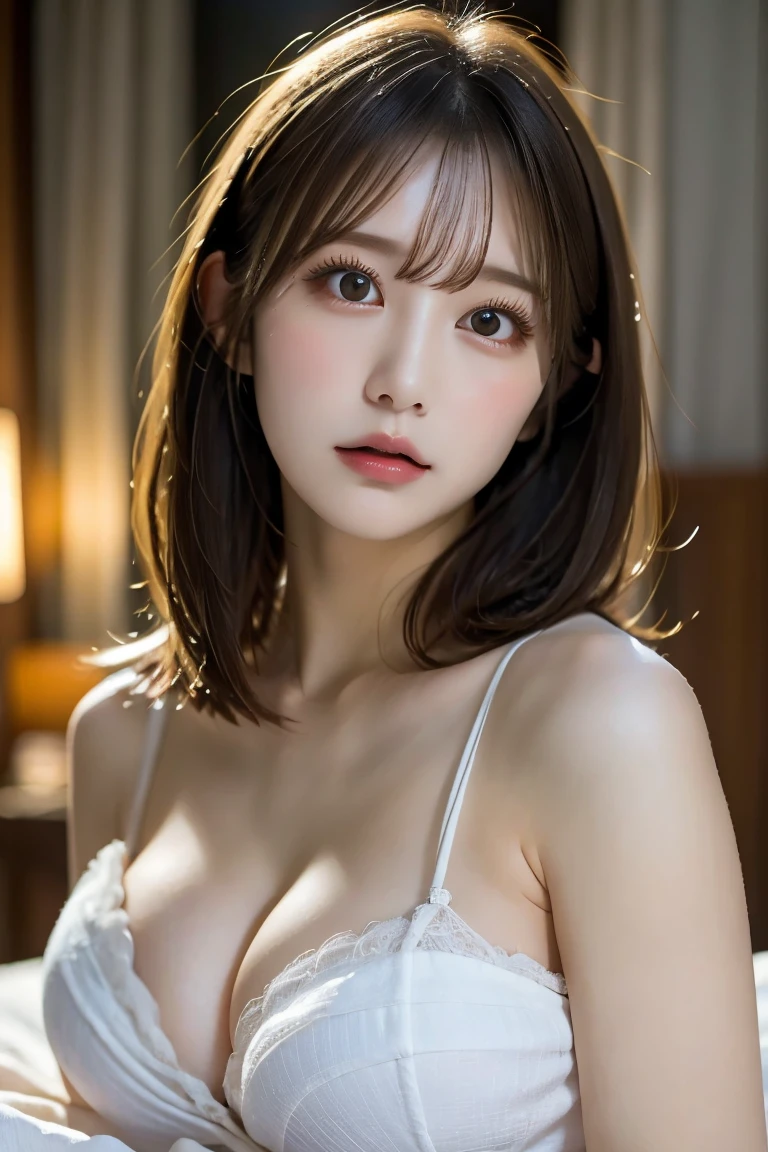 On the bed at night, Highest quality, shape, Very detailed, In detail, High resolution, 8k wallpaper, Perfect dynamic composition, Beautiful details, Natural Lip, Sexy Yukata, Big Breasts, Cleavage, She is lying down with a troubled look on her face., A masterpiece of the whole body,