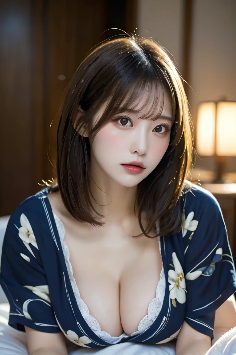 On the bed at night, Highest quality, shape, Very detailed, In detail, High resolution, 8k wallpaper, Perfect dynamic composition, Beautiful details,  Natural Lip, Sexy Yukata, Big Breasts, Cleavage, She is lying down with a troubled look on her face., A masterpiece of the whole body, 