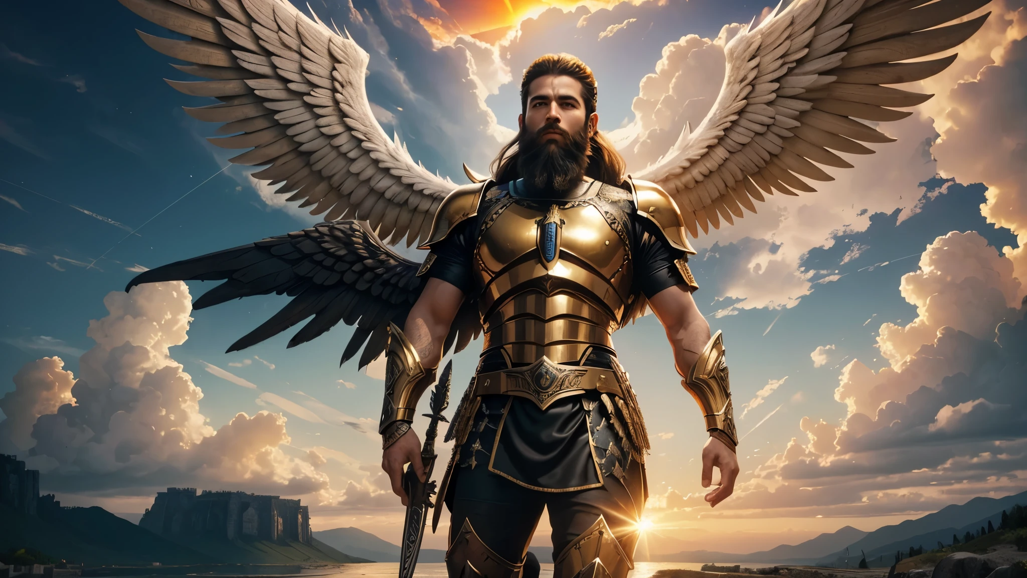God's Angel, Anjo Masculino de GOD, God's golden Army, naughty man, Masculine Male, mighty, Jewish Hebrew Beard, Detailed Realistic God's Angel, photorrealistic, ultrahd, fotorrealism, epic, armour de Guerra, Soldier&#39;s Clothing, warrior de GOD, warrior, Macho warrior, 
battle angel, Forte Angel de GOD, Divina armour de Guerra, Dress for Battle, Spiritual war, Batalha Espiritual, Spiritual Battle Angel, epic warrior do Altíssimo, photorealistic landscape, golden sunset, sky, sky Power, Detailed realistic sunset, mountainous landscape, Rivers of water, sunset Realism, alone men, GOD man, Man&#39;s beard, GOD's Army Angel, armour Divina, golden Army, Silver Army, armour, Soldier Angel, Detalhes photorrealistics, GOD's angel masculino, GOD's Army, GOD's Hebrew, GOD's Strong Angel, GOD's Power, angel masculino, male man, Camisa padoru, elegant shirt, Closed blouse, closed shirt, long-sleeved shirt, golden, Tunica, GOD&#39;angel, barba, naughty man com barba, Large Beard, Barba Judaica, Hebrew, panorama, Alpha Male, Caminho para o sky, heavenly, 8K Detailed Realistic Image, 16K Photorealistic Contrast, 8K Photorealistic Sharpness, Photorealistic 4K cores, 16K Photorealistic Shadows, 8K Photorealistic Textures, 16K Photorealistic Texture, 4K Photorealistic Light, fotorrealism 4K, FullHD 4K Detailed Contrast, detailed sharpness FullHD 8K, detailed sharpness FullHD 4K, detailed sharpness, 2K detailed colors, lifelike colors, FullHD Detailed Shadows, 4K Detailed Textures, detailed texture, padoru, natural beautiful, posh 