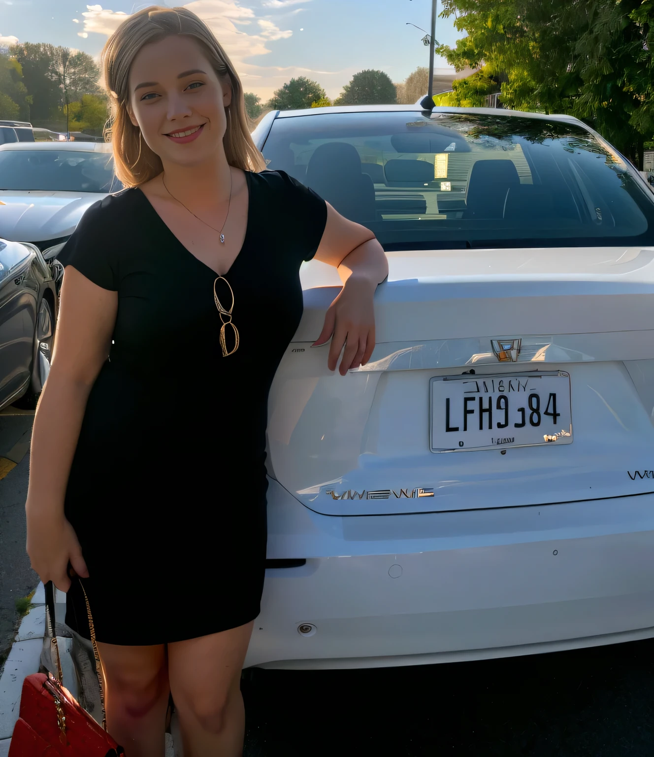 woman standing next to a white car with a license plate on it, by Carey Morris, by Whitney Sherman, by Daniel Schultz, by Marshall Arisman, by Matt Cavotta, by Tom Wänerstrand, by Juliette Wytsman, by Gene Davis, by Matthew Smith, by Kathleen Scott, by Carla Wyzgala, by Gavin Nolan, summer evening