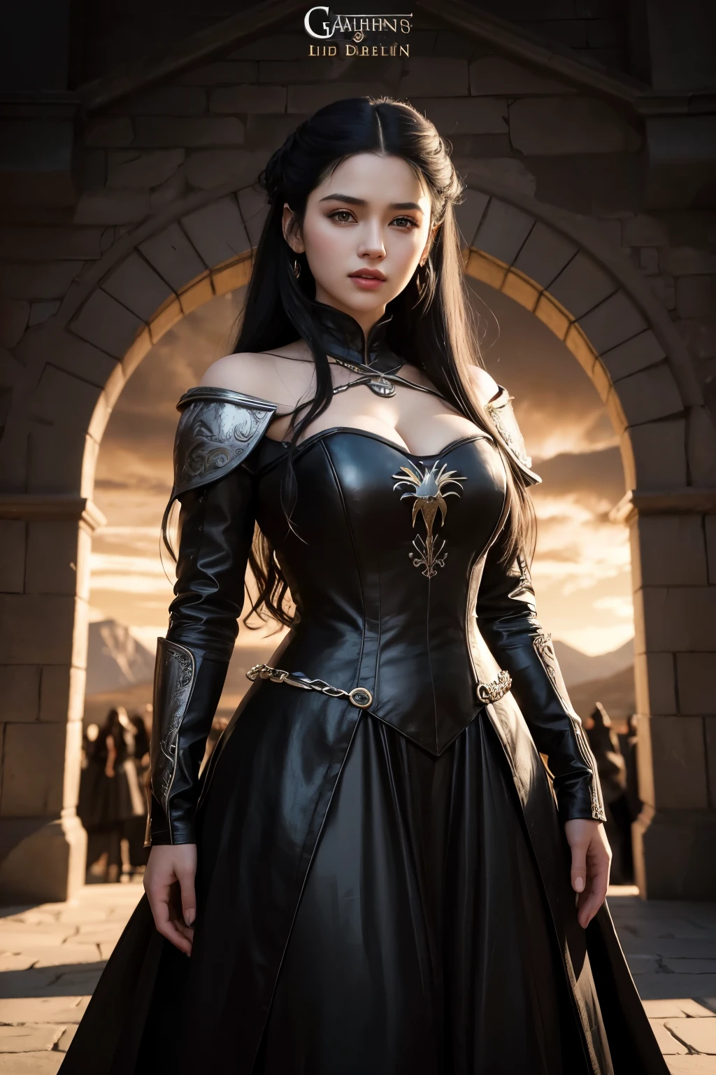 a 23 year old woman, long black hair, soft brown eyes, heart-shaped face, wearing a black dress with yellow details, dynamic lighting, Game of Thrones universe, the background is a castle, comic book style, variant cover art , Artgerm , Art by Bélen Ortega