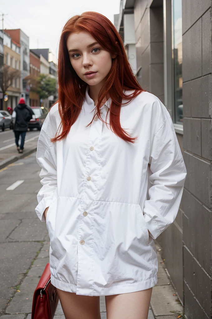 Beautiful Girl White Skin Red Hair Dressed in Urban Clothing 